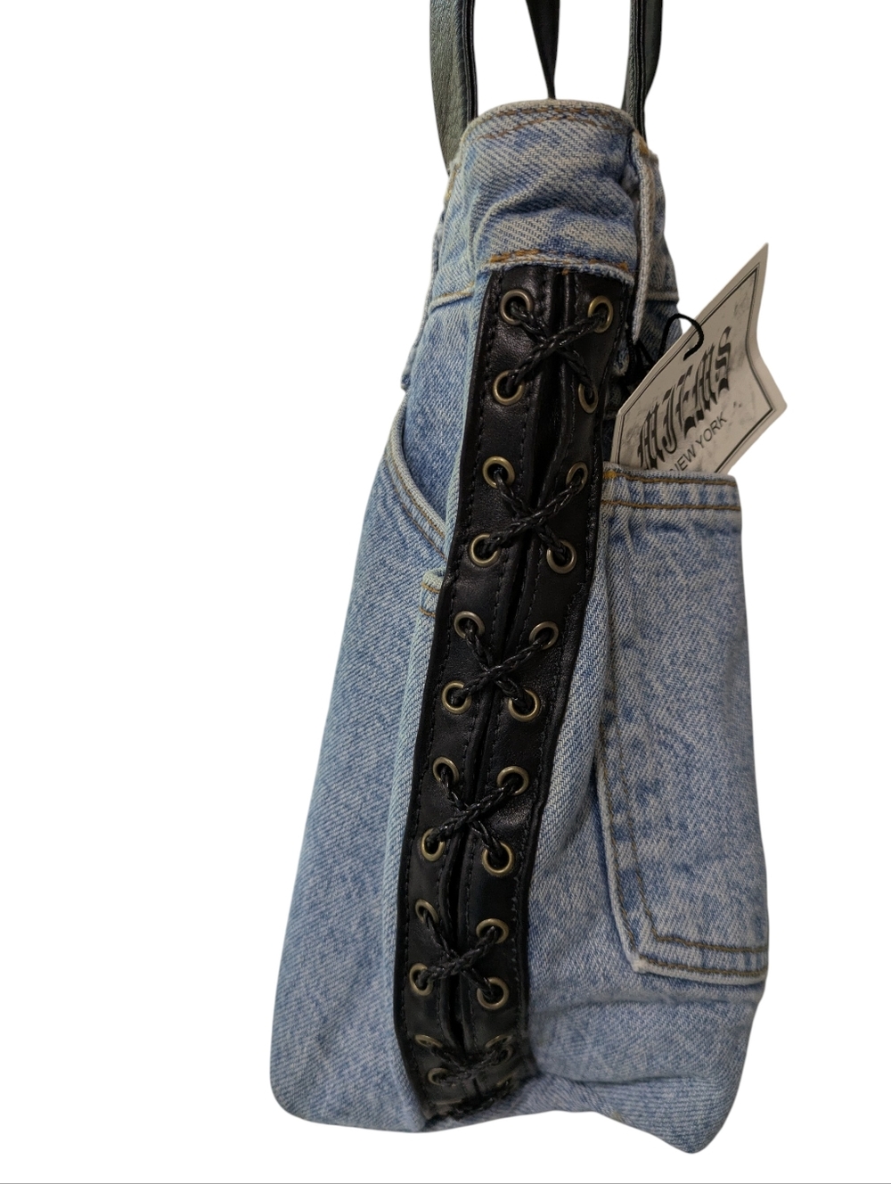 Y2K Booty Bag Blue Denim Jeans Black Leather Lace Up Sides Grommets MJEMS NY NWT